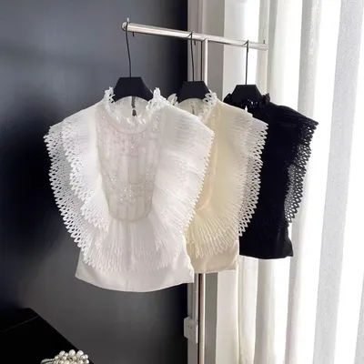 Chemisier Haut Femme Sans Manches à Volants Plissé Patchwork Col Montant Perlé Hauts Féminins Chemise d'Été pour Femme de Bureau 2026