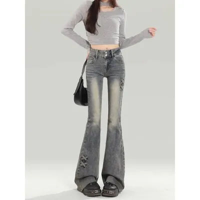 Jean évasé taille haute pour femme, style rétro américain, coupe slim, extensible, en denim bootcut