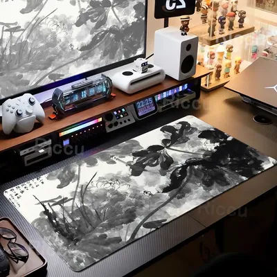 Tapis de souris XXL Paysage Peint à l'Encre Lotus, Tapis de jeu et de bureau en caoutchouc naturel souple, Accessoire de bureau