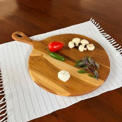 '16-Inch Natural Brown Teak Wood Pizza Tray Carved by Hand'