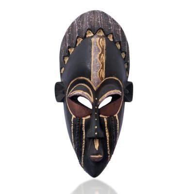 'Hand-Painted Sese Wood African Mask with Golden Brushstrokes'