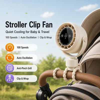 Baby Stroller Clip Fan 100 Speeds 3000mAh Type C Rechargeable Brushless Motor Anti Pinch Fan for Crib Desk Travel
