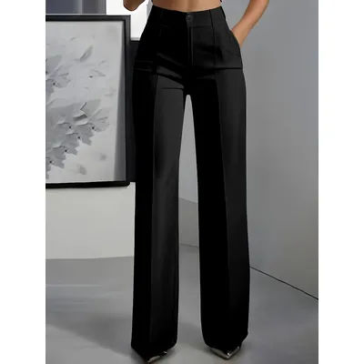 Pantalon de bureau taille haute pour femme, coupe large, noir uni, plissé, élégant, professionnel, longueur complète