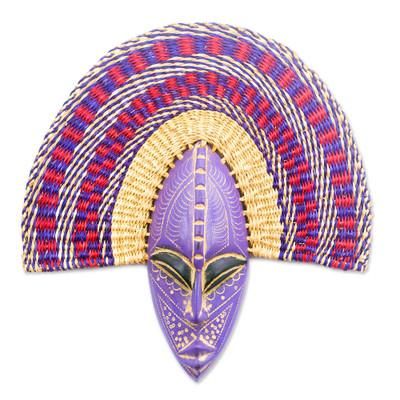 Uhie,'African Wood and Raffia Fiber Wall Mask in Purple Shades'