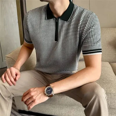 Polo homme à haute élasticité, T-shirt à manches courtes, haut de mode estival, polo tricoté imprimé à carreaux décontracté, vêtements pour hommes