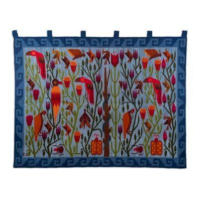 Refreshing Jungle,'Handwoven Blue Wool Tapestry of Natural Landscape from Peru'