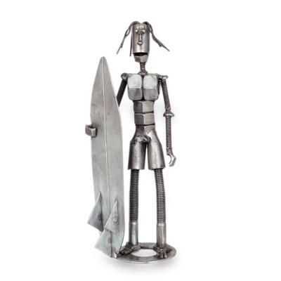 'Surfer with Board-Themed Recycled Metal Sculpture from Peru'