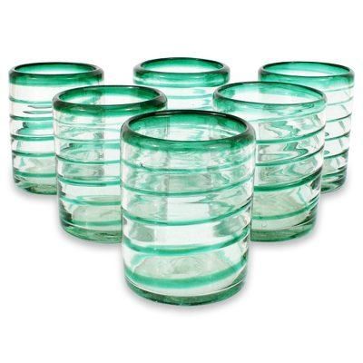 'Emerald Spiral' (set of 6) - Handcrafted Handblown Glass Recycled Striped Water D