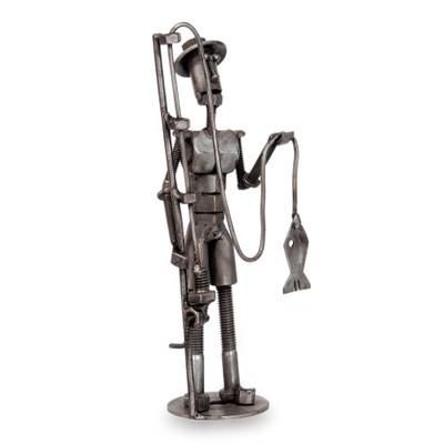 'Rustic Fisherman with Catch-Themed Recycled Metal Sculpture'
