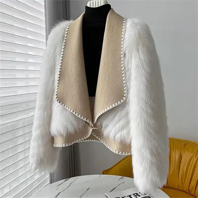 Manteau en fausse fourrure de renard à rayures pour femme, manteau d'hiver à revers, haut de gamme, court, Double face, en laine, à la mode, haut épais et court