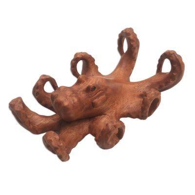 Wild Octopus,'Hand Carved Suar Wood Octopus Sculpture from Bali'