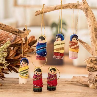 Happy Gathering,'Handcrafted Worry Doll Wood and Cotton Ornaments (Set of 6)'