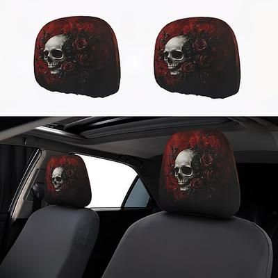 2/4 pezzi copri poggiatesta per auto con teschio gotico e rose rosse, protezione per cuscino sedile auto in stile horror, copri poggiatesta elasticizzati universali per SUV, berlina, camion,