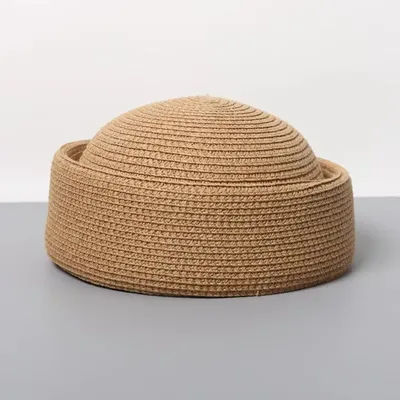 Chapeau de soleil rétro respirant en paille fait main, style béret à calotte plate et concave, casquette pillbox pour femme