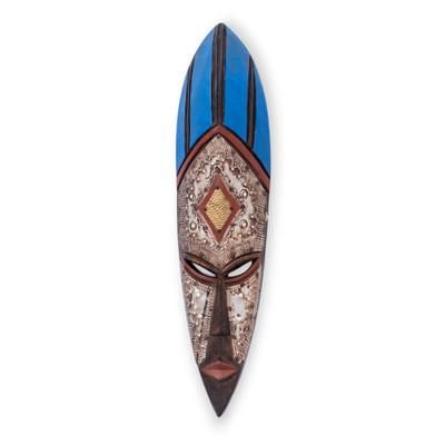 Sapphire Nyame,'Aluminum and Sese Wood African Wall Mask in Blue Shades'