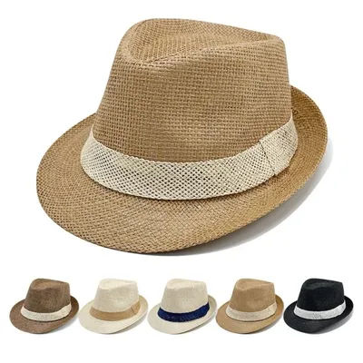 Nouveau chapeau de jazz tissé à rayures, couleur unie, large bord, chapeau de plage respirant, protection solaire, chapeau pare-soleil pour hommes et femmes