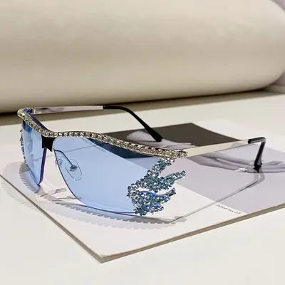 Lunettes de soleil sans monture Y2K, style punk irrégulier, avec cristaux de diamant, protection UV400, lunettes de soleil de luxe pour femmes