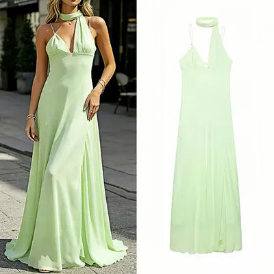 Robe longue transparente vert clair à fines bretelles pour femme – Collection été 2026 – Idéale pour les vacances à la plage – Élégante et gracieuse