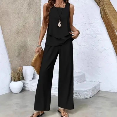 Ensemble haut sans manches à col carré et pantalon large, tenue décontractée pour le 4 juillet, les trajets quotidiens et les courts séjours