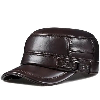 Casquette plate en cuir véritable pour homme, première couche de cuir de vachette, style militaire, réglable, avec protection pour les oreilles, marron foncé/Kha, élégante, style baseball