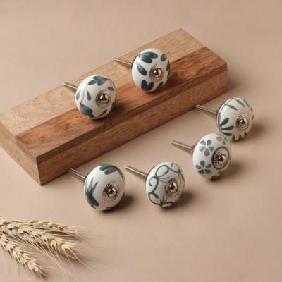 '6 Hand-Painted Floral Leaf-Themed Ivory Grey Ceramic Knobs'