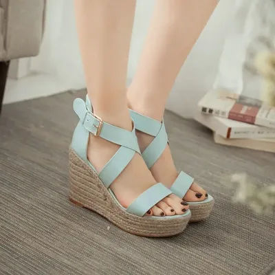 Bleu rose blanc sangle croisée bout ouvert plate-forme chaussures d'été Espadrilles couverture talon plate-forme compensées talons hauts sandales taille 33