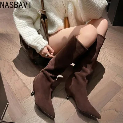 NASBAVI 2026 mode hiver femmes bottes hautes bout pointu femme chaussures à talons hauts Faux daim bottes longues robe taille 34-40