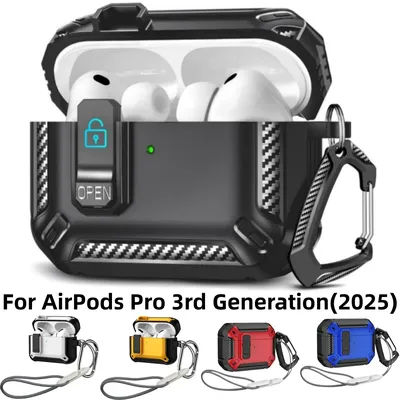 Pour AirPods Pro 3 étui sécurisé serrure housse avec lanière Protection contre les chutes puissante pour Airpods Pro 3ème génération étui (noir)