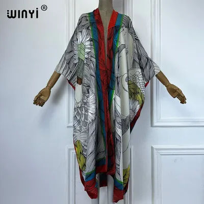 WINYI-Kimono imprimé portrait artistique, cardigan ample, vêtements de plage, couverture pour femmes, kaftan, robe de soirée, manteau long en duvet, robe de soirée
