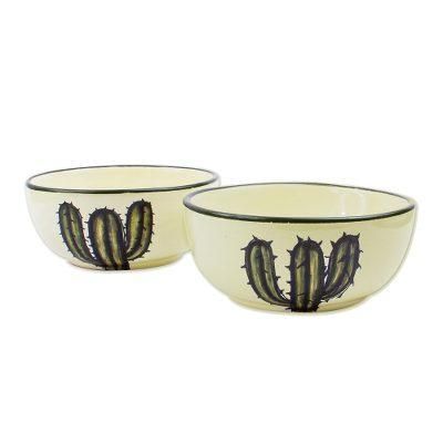 Saguaro,'Majolica Style Ceramic Bowls with Cactus (Pair)'