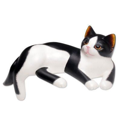Lounging Kitty,'Lounging Black and White Wood Cat Sculpture from Bali'