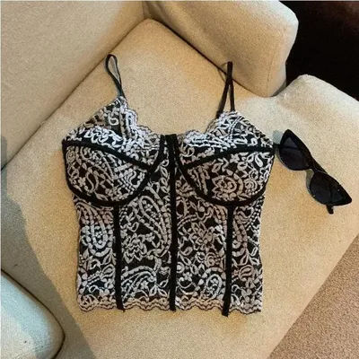 Haut caraco en dentelle noire et blanche pour femmes, Style Corset, bretelles Spaghetti, chemisier rétro décontracté