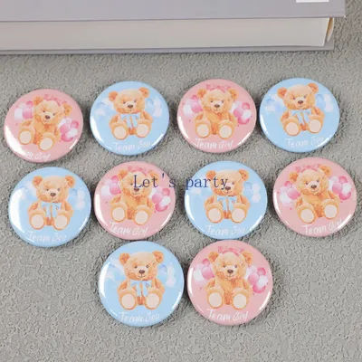 10Pc Cartoon Bear Team Boy Girl Tinplate Badges Button Pins for Gender Reveal Theme Baby Shower Birthday Party Favors Decoration