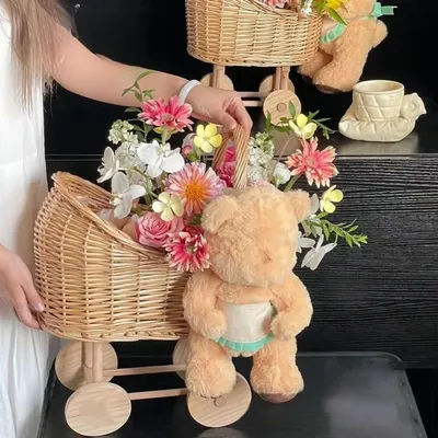 Woven Flower Basket Stroller Shaped with Handle Candy Basket Floral Arrangements Floral Rustic Baby Carriage Planter Home Decor