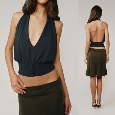 Wj Gilet en tricot dos nu à col licou en V profond, Haut court sans manches cintré à la taille, Haut court en tricot boutonné dos nu cintré à la taille, Haut dos nu à col en V avec bretelles, Gilet