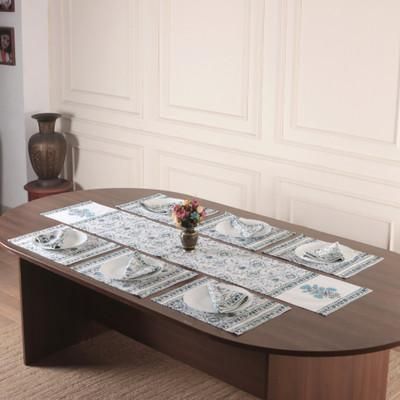 'Woven Floral 13-Piece Cotton Table Linen Set in Blue & Green'