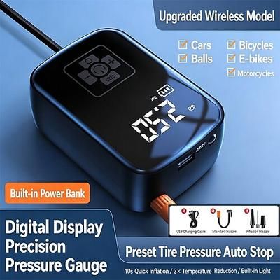 Gonfiatore per pneumatici portatile, pompa d'aria per auto senza fili con manometro digitale, compressore d'aria elettrico da 150 psi, spegnimento automatico, power bank ricaricabile luce a LED per