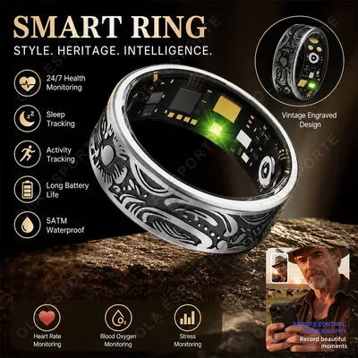 Bague connectée de santé à motifs rétro, moniteur de fréquence cardiaque, d'oxygène dans le sang et de sommeil, modes sportifs multiples, podomètre, pour hommes et femmes