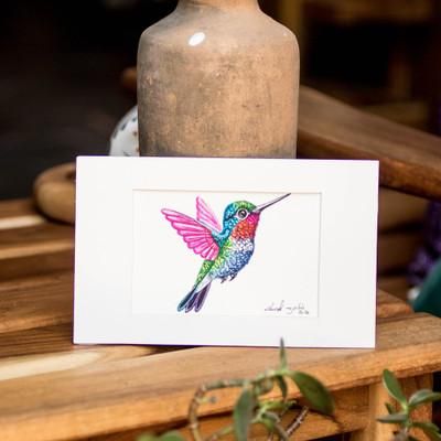 'Eco-Friendly Acrylic on Recycled Paper Hummingbird Painting'