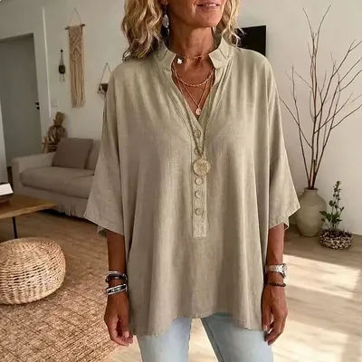 Chemisier en coton et lin à col en V pour femme, haut décontracté à boutons, T-shirt printemps-été