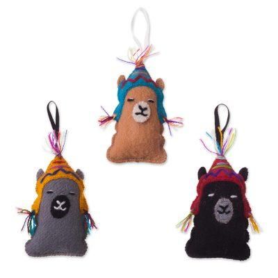 Sleepy Llamas,'Assorted Wool Llama Ornaments from Peru (Set of 3)'