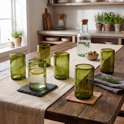 'Eco-Friendly 6-Piece Blown Tumbler Glass Set in Olive Green'