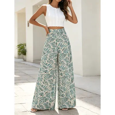 Pantalon large en mousseline imprimé bohème taille haute pour femme – Style décontracté et élégant pour les vacances d'été à la plage