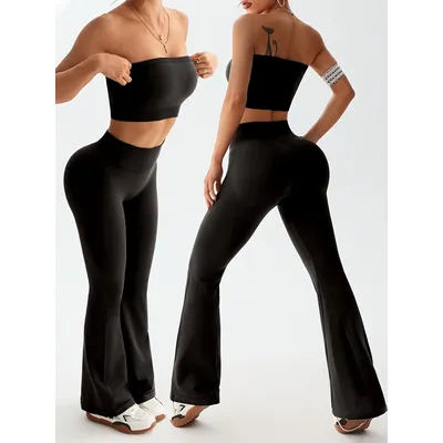 Ensemble de yoga sans couture pour femmes, 2 pièces, haut court bandeau, leggings évasés taille haute, tenue de sport pour la gym et le fitness