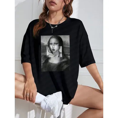T-shirt à épaules tombantes avec imprimé Mona Lisa, t-shirt graphique, hauts pour femmes