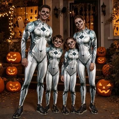 Halloween Tuta intera Body Costume di Gruppo Robot Stampa Cerniera frontale Sinistro Rave futuristico Unisex Costume per Club Festival Musicale Feste Halloween Carnevale Bambini Adulti