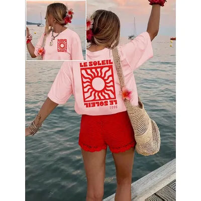 T-shirt à manches courtes et col rond imprimé Sunny Sun, haut décontracté printemps/été, vêtements pour femmes