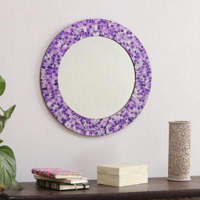 Enchanted Layers,'Purple & White Glass Mosaic Wall Mirror with Round Frame'
