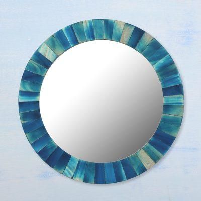 Teal Steps,'Hand-Painted Round Mango Wood & Glass Mirror in Teal Hues'
