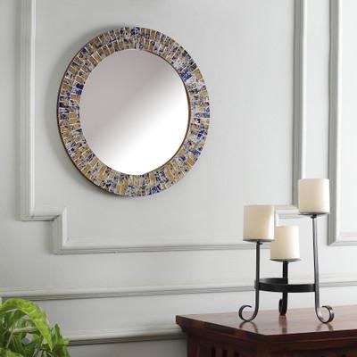 'Abstract-Patterned Round Glass Wall Mirror in Azure and Gold'